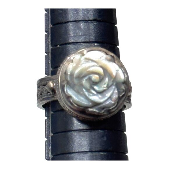 Vintage 925 Silver Rose Ring Carved Mother Of Pearl Cabochon Size 7 Art Deco - Picture 6 of 10